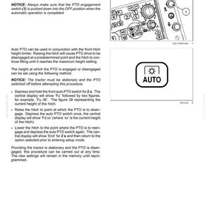 Op de afbeelding: Een pagina uit een technisch handboek getiteld 6-WORKING OPERATIONS over de automatische aftakasfunctie van een tractor. Het bevat instructies, een diagram van een bedieningspaneel met een genummerde schakelaar en een vierkant icoon.