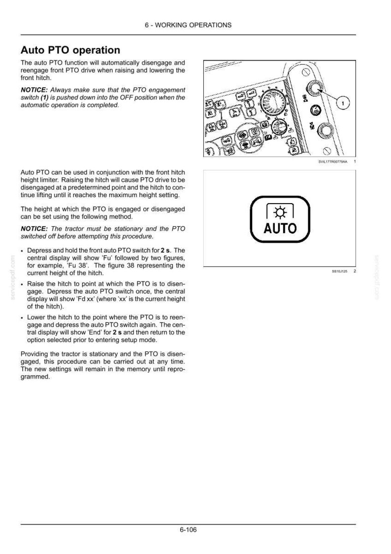 Op de afbeelding: Een pagina uit een technisch handboek getiteld 6-WORKING OPERATIONS over de automatische aftakasfunctie van een tractor. Het bevat instructies, een diagram van een bedieningspaneel met een genummerde schakelaar en een vierkant icoon.