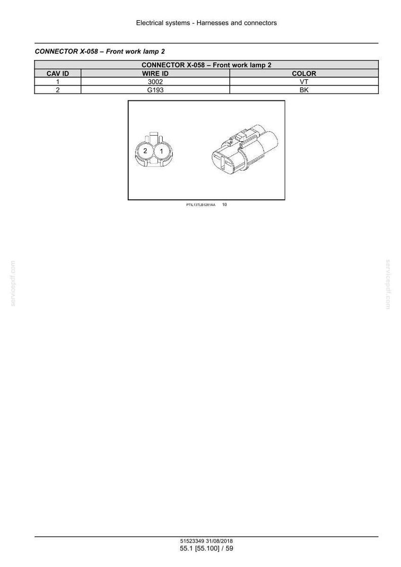 May include: Diagram of electrical connectors labeled "CONNECTOR X-058 - Front work lamp 2." The diagram includes a table with "CAV ID," "WIRE ID," and "COLOR" columns, and illustrations of the connectors. The colors are VT and BK.