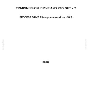 May include: A white document with the Case IH Agriculture logo and text detailing transmission, drive, and PTO components. Includes the text "PROCESS DRIVE Primary process drive - 50.B" and the code "RB344".