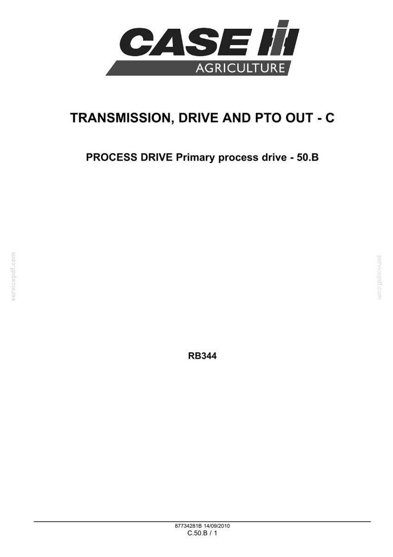 May include: A white document with the Case IH Agriculture logo and text detailing transmission, drive, and PTO components. Includes the text "PROCESS DRIVE Primary process drive - 50.B" and the code "RB344".