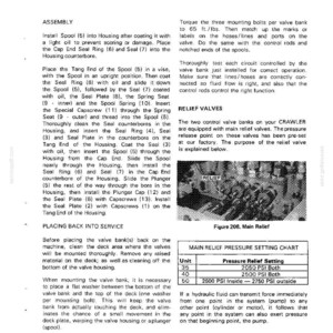 May include: A technical diagram from a DROTT CRAWLER hydraulic system, detailing assembly, service, and relief valve settings. Includes a chart with pressure relief settings in PSI and a diagram labeled "Main Relief".