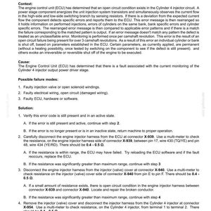 Op de afbeelding: Diagnostisch document "Elektrische systemen - FOUTCODES" met stappen voor probleemoplossing voor de 3200-Injector cilinder 4 waarschuwing. Het document bevat context, mogelijke foutmodi en een oplossing met gedetailleerde instructies en weerstandsmetingen in Ohm.