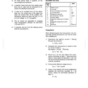 May include: A page from a technical handbook with the title "Calculation of lines." The page includes a table of quantities and units, formulas, and instructions for electrical calculations. The text is in black font on a white background.