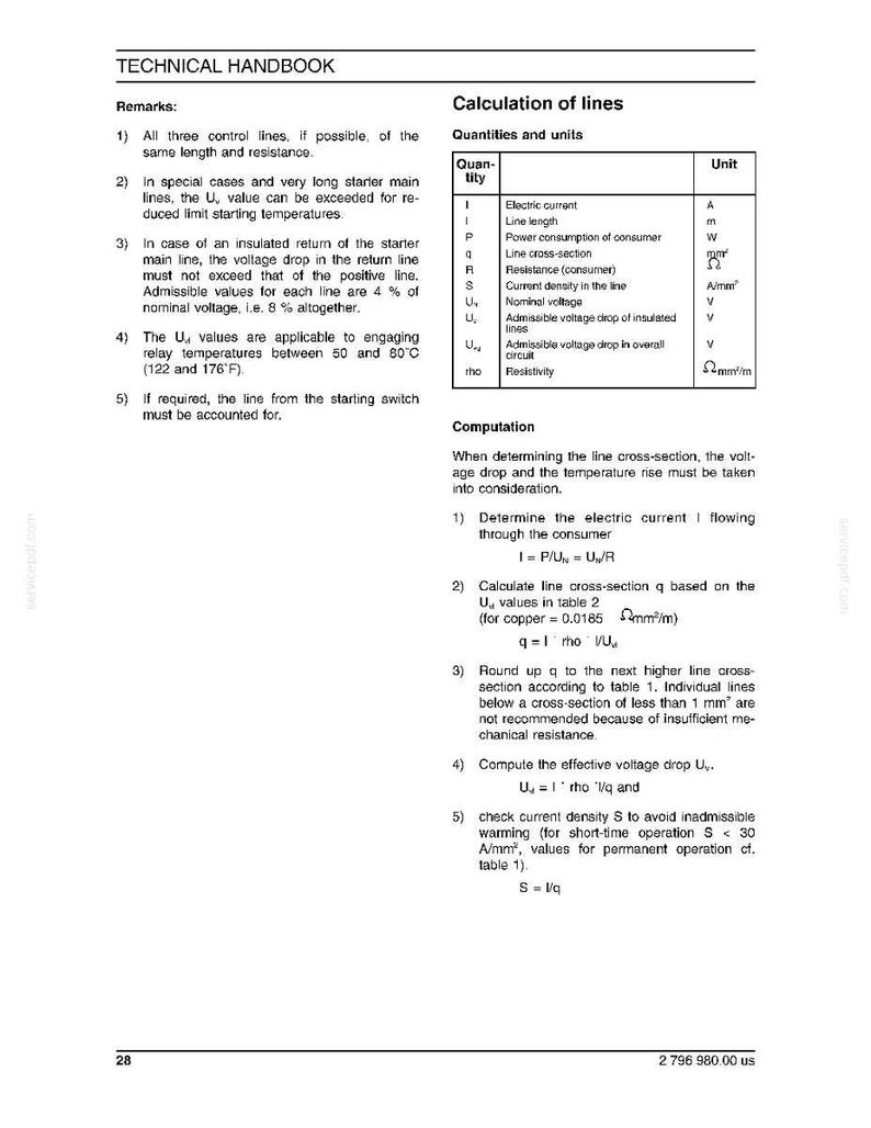 May include: A page from a technical handbook with the title "Calculation of lines." The page includes a table of quantities and units, formulas, and instructions for electrical calculations. The text is in black font on a white background.
