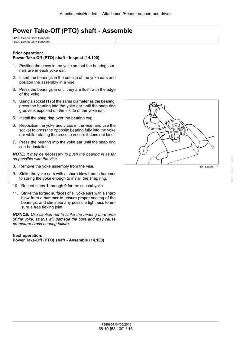 May include: Diagram of a Power Take-Off (PTO) shaft assembly process, including instructions and a labeled diagram. The image includes text and a technical illustration of the shaft components.