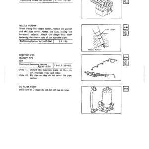 May include: A technical manual page featuring line drawings of an oil pan, a nozzle holder with a dust cover and gasket, injection pipes, and an oil filter body. The text includes tightening torque specifications in kgf-m and ft-lbs for engine parts.