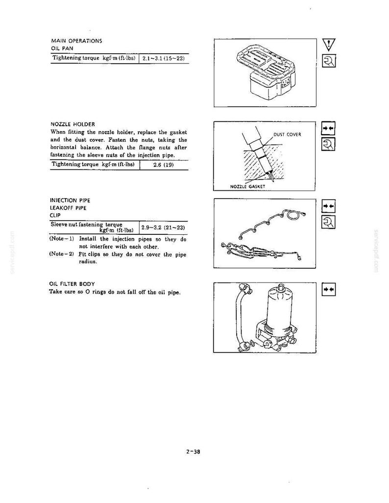 May include: A technical manual page featuring line drawings of an oil pan, a nozzle holder with a dust cover and gasket, injection pipes, and an oil filter body. The text includes tightening torque specifications in kgf-m and ft-lbs for engine parts.
