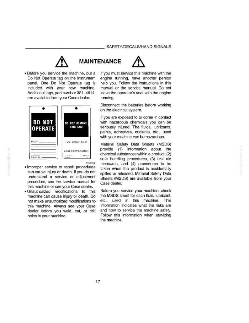 Peut inclure: Une page blanche contenant des informations de s&eacute;curit&eacute;, notamment des avertissements et des instructions pour l'entretien des machines. La page pr&eacute;sente le texte "DO NOT OPERATE" sur une &eacute;tiquette, ainsi que des consignes de s&eacute;curit&eacute;.