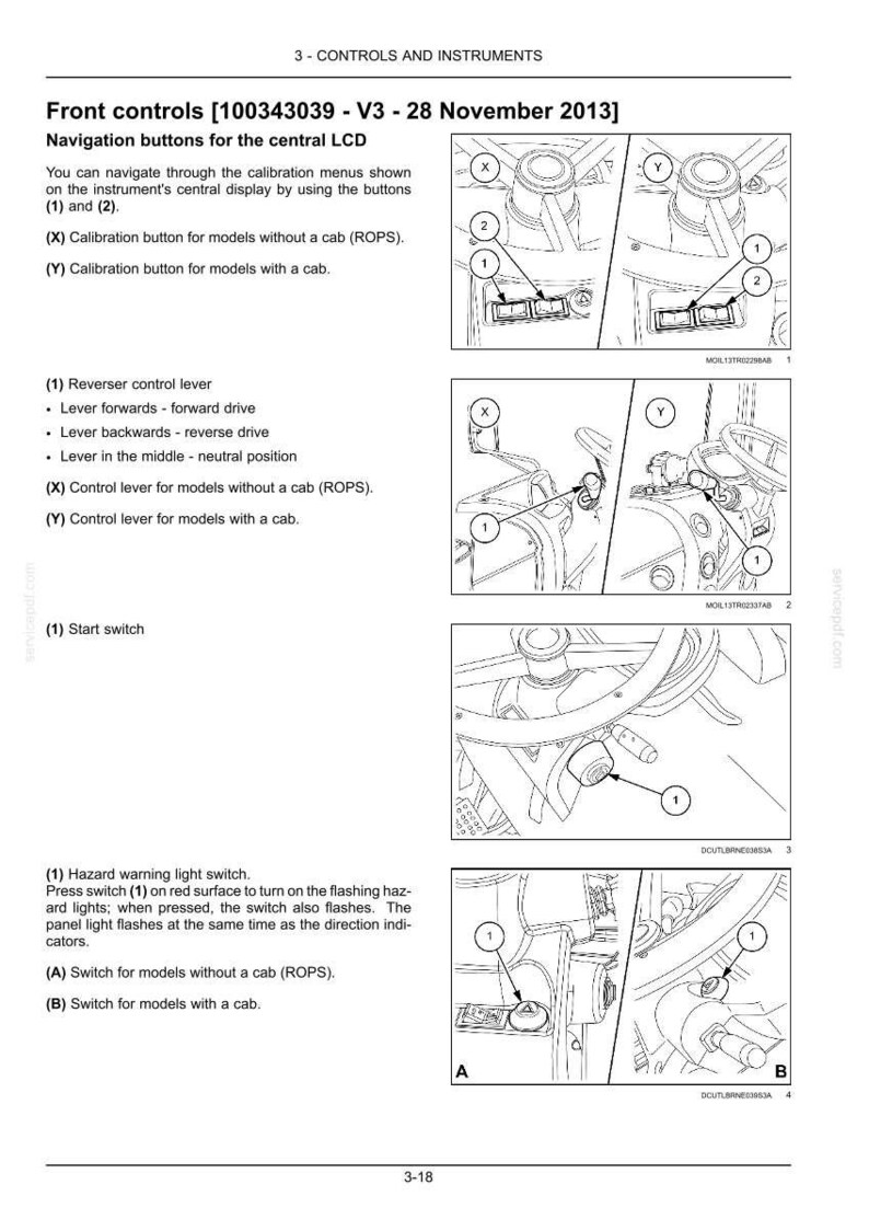 K&ouml;nnte beinhalten: Eine Seite aus einem technischen Handbuch mit dem Titel 3 - CONTROLS AND INSTRUMENTS, die schwarz-wei&szlig;e Strichzeichnungen von Fahrzeugbedienelementen zeigt. Sie beschreibt Navigationstasten, einen Wendehebel, einen Startschalter und einen Warnblinkschalter.
