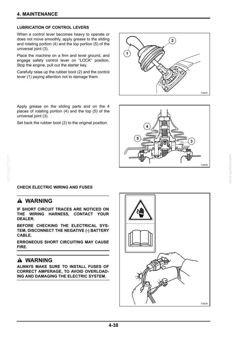 K&ouml;nnte beinhalten: Technische Diagramme zur Maschinenwartung, einschlie&szlig;lich Schmierung der Steuerhebel und &Uuml;berpr&uuml;fung der elektrischen Verkabelung. Enth&auml;lt Illustrationen und Sicherheitshinweise.