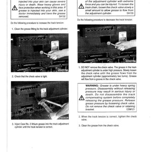 May include: Page from a manual with safety warnings and instructions for machinery maintenance. Text includes warnings about high-pressure grease and procedures for track adjustment. Images show mechanical components and tools.