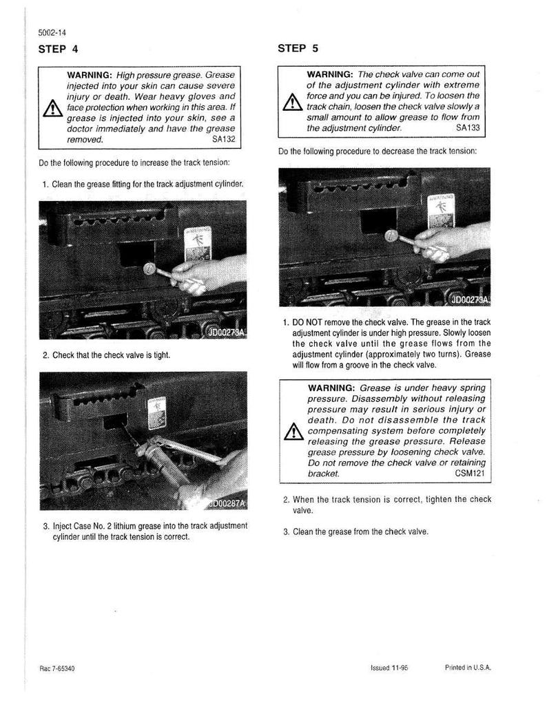 May include: Page from a manual with safety warnings and instructions for machinery maintenance. Text includes warnings about high-pressure grease and procedures for track adjustment. Images show mechanical components and tools.