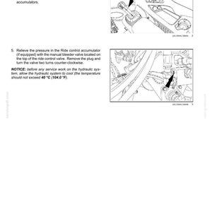 May include: Diagram from a maintenance manual showing steps for operating a joystick and bleeding accumulators. Includes illustrations of a control panel and hydraulic system components, with text instructions.