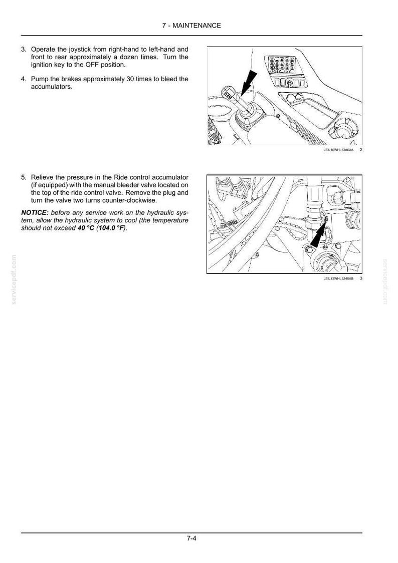 May include: Diagram from a maintenance manual showing steps for operating a joystick and bleeding accumulators. Includes illustrations of a control panel and hydraulic system components, with text instructions.