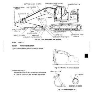 May include: A technical manual page titled 32. ATTACHMENT featuring a black and white line drawing of an excavator. The diagram labels components like the boom, arm, bucket, and various pins. It includes instructions for removing the bucket and pin.