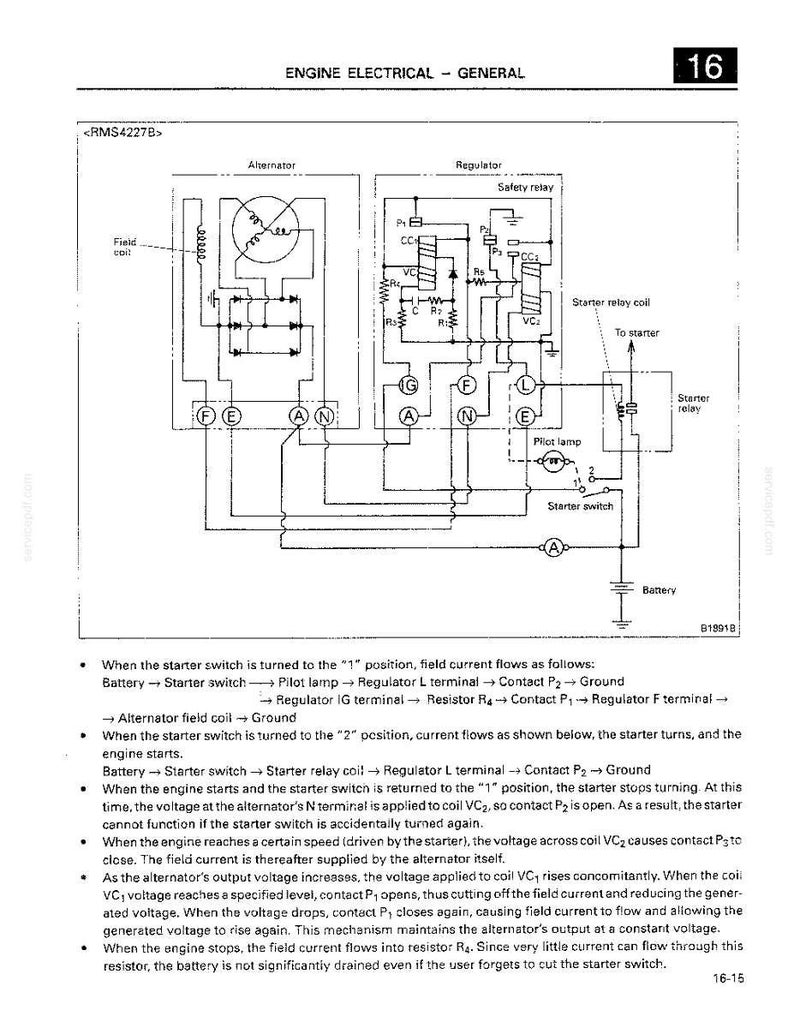 May include: A technical diagram titled ENGINE ELECTRICAL - GENERAL labeled 16, showing an alternator and regulator circuit with components like a field coil, safety relay, starter relay, pilot lamp, and battery, including detailed operational text.