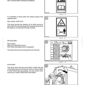May include: A page from a manual with safety information. Includes diagrams and text about batteries, the upperstructure, servicing points, and the accumulator. Warning symbols are displayed.