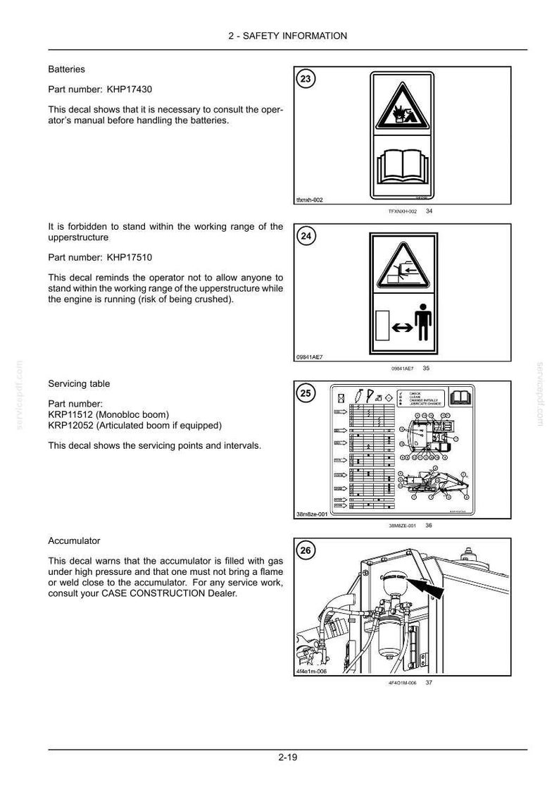 May include: A page from a manual with safety information. Includes diagrams and text about batteries, the upperstructure, servicing points, and the accumulator. Warning symbols are displayed.