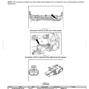 May include: Diagram of wire connectors, component diagram 01, including connectors X-010 to X-019. The diagram shows the header knife speed sensor (87692855) and its location on the header and right-hand end support. Includes a table with pin, wire, and description details.