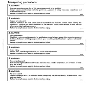May include: A white document with black text detailing transport operations and safety warnings. The document includes sections on precautions, hazards, and specific instructions for machinery operation. The text is clear and concise.
