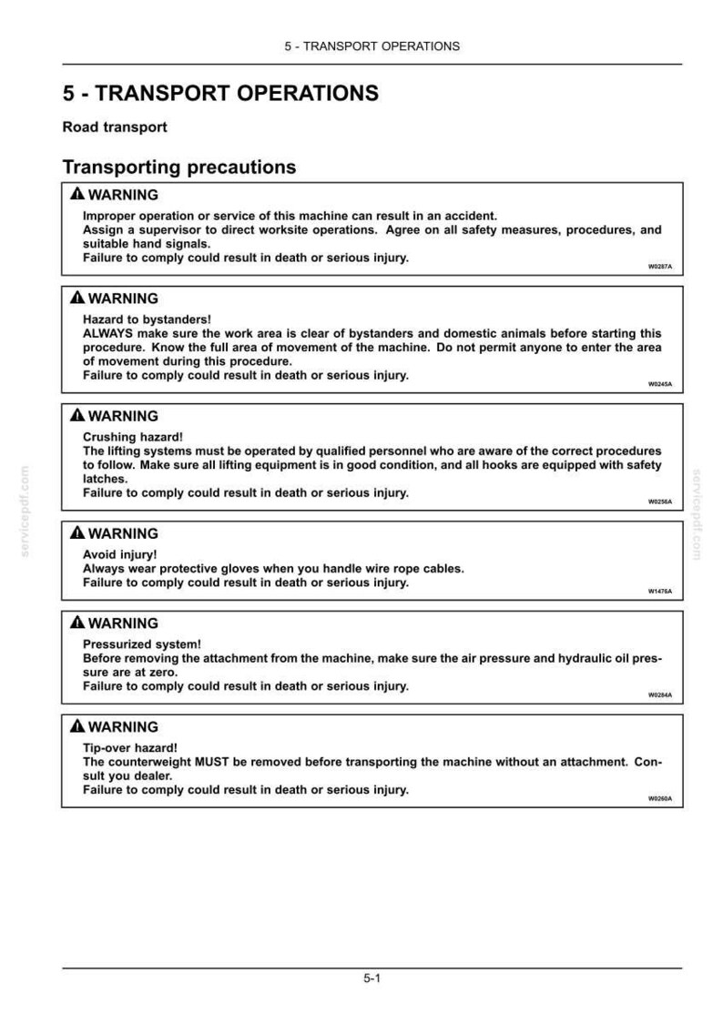 May include: A white document with black text detailing transport operations and safety warnings. The document includes sections on precautions, hazards, and specific instructions for machinery operation. The text is clear and concise.