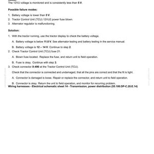 May include: A technical document detailing fault codes for an electrical system. The text includes information on voltage supply, possible failure modes, and troubleshooting steps. The document provides instructions for checking battery voltage and connector X-490.