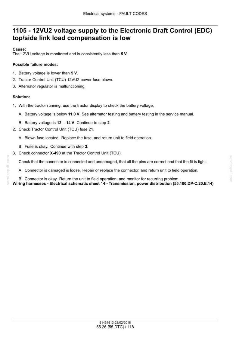 May include: A technical document detailing fault codes for an electrical system. The text includes information on voltage supply, possible failure modes, and troubleshooting steps. The document provides instructions for checking battery voltage and connector X-490.