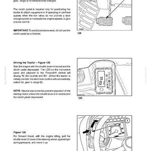 Op de afbeelding: Een pagina uit een technisch handboek getiteld CONTROLS, INSTRUMENTS AND OPERATION, SECTION 2. Het bevat drie zwart-wit lijntekeningen: Figuur 128 toont een koppelingspedaal, Figuur 129 een LCD-instrumentenpaneel en Figuur 130 een shuttlehendel.