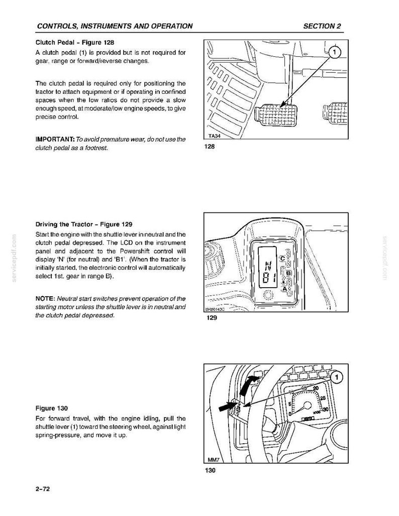 Op de afbeelding: Een pagina uit een technisch handboek getiteld CONTROLS, INSTRUMENTS AND OPERATION, SECTION 2. Het bevat drie zwart-wit lijntekeningen: Figuur 128 toont een koppelingspedaal, Figuur 129 een LCD-instrumentenpaneel en Figuur 130 een shuttlehendel.