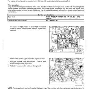 Puede incluir: Una p&aacute;gina de un manual de mantenimiento que detalla las especificaciones y procedimientos del aceite del motor. El texto incluye instrucciones para verificar el nivel de aceite, con diagramas de los componentes del motor. El manual especifica el tipo de aceite y la capacidad necesaria.
