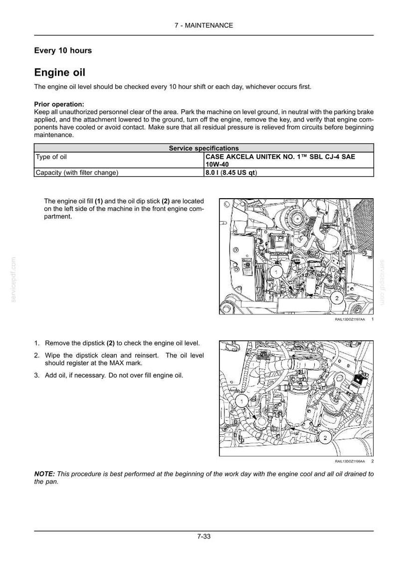 Puede incluir: Una p&aacute;gina de un manual de mantenimiento que detalla las especificaciones y procedimientos del aceite del motor. El texto incluye instrucciones para verificar el nivel de aceite, con diagramas de los componentes del motor. El manual especifica el tipo de aceite y la capacidad necesaria.