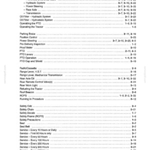 Pu&ograve; includere: Una pagina di indice stampata in bianco e nero tratta da un manuale tecnico, che presenta un elenco di argomenti di manutenzione del trattore come olio, freno di stazionamento, presa di forza e intervalli di servizio con i numeri di pagina.
