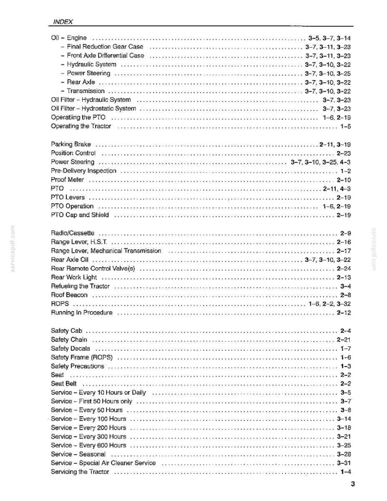 Pu&ograve; includere: Una pagina di indice stampata in bianco e nero tratta da un manuale tecnico, che presenta un elenco di argomenti di manutenzione del trattore come olio, freno di stazionamento, presa di forza e intervalli di servizio con i numeri di pagina.