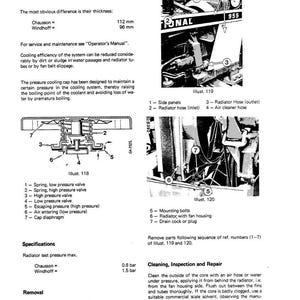 Op de afbeelding: Diagram van een tractorradiator met gelabelde onderdelen, waaronder zijpanelen, slangen en kleppen. De afbeelding bevat illustraties en specificaties voor onderhoud en reparatie, metingen in mm en bar.