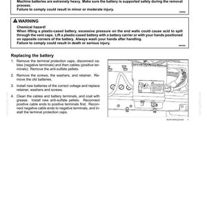 May include: A technical manual page titled 7-MAINTENANCE, Battery removal and installation. It includes CAUTION and WARNING boxes regarding heavy parts and chemical hazards, followed by a numbered list of instructions and a line drawing of a battery.