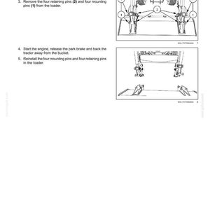 May include: A technical document page titled 4 - OPERATING INSTRUCTIONS, detailing the process for Removing the bucket. It includes numbered steps and two black and white line drawings showing the loader mechanism, mounting pins, and retaining pins.