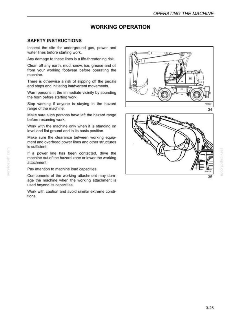 May include: Page from an operating manual with the title "WORKING OPERATION." The page includes safety instructions and diagrams of a construction machine. Text includes warnings about underground utilities and machine operation.