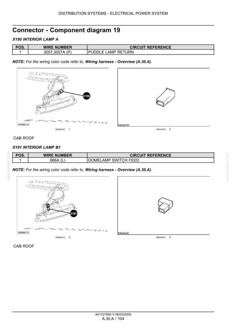 May include: Diagram of electrical components, including a connector diagram 19, with labels for X190 and X191 interior lamps. The diagram includes wire numbers, circuit references, and notes for wiring color codes. The image is a technical illustration.