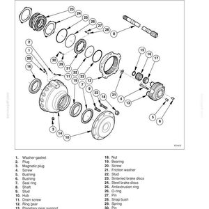 May include: Diagram of a final drive assembly, illustrating its components with labels. Includes parts like washers, plugs, screws, bearings, and gears. The text describes the operation principle and the function of the axles.