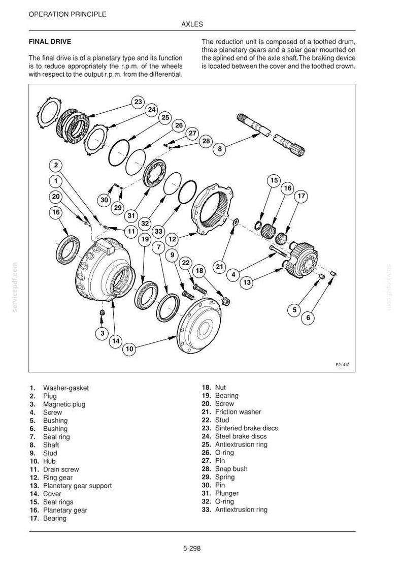 May include: Diagram of a final drive assembly, illustrating its components with labels. Includes parts like washers, plugs, screws, bearings, and gears. The text describes the operation principle and the function of the axles.