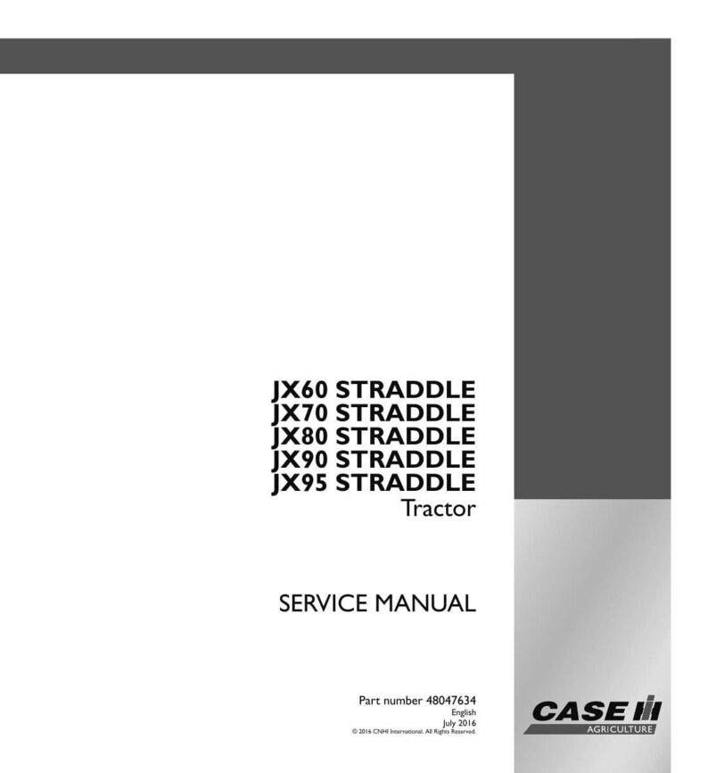 May include: A white service manual for JX60, JX70, JX80, JX90, and JX95 Straddle tractors. The text "SERVICE MANUAL" is prominently displayed. The Case IH Agriculture logo is in the lower right corner. Part number 48047634.