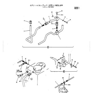 May include: A technical line drawing illustrating hydraulic lines and return components with numbered parts. The diagram includes text labels such as HYD LINES UPP, RETURN, and TO FILTER, showing various hoses, connectors, bolts, and fittings.