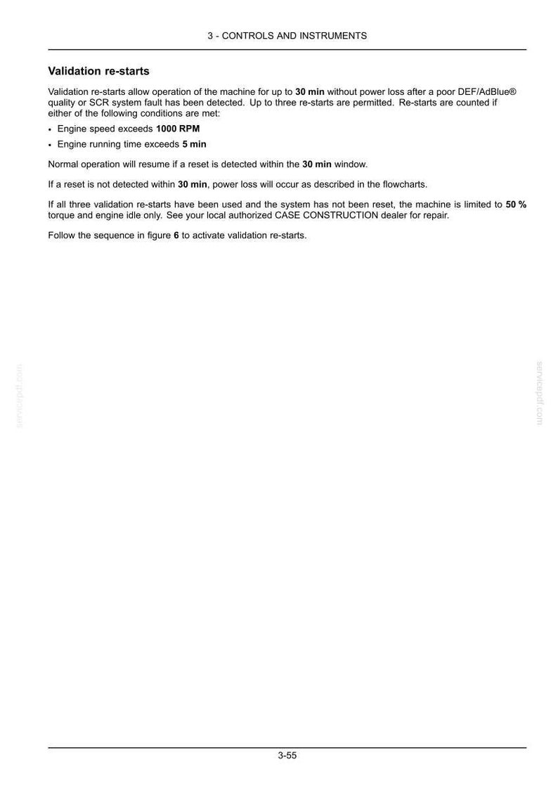 Puede incluir: Una p&aacute;gina de manual titulada "3 - CONTROLES E INSTRUMENTOS". El texto describe los "rearranque de validaci&oacute;n" para una m&aacute;quina, incluidas las condiciones de rearranque, los l&iacute;mites de tiempo y las acciones si no se detecta un reinicio. La p&aacute;gina incluye detalles t&eacute;cnicos.