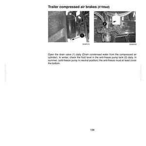 May include: A technical manual page titled LUBRICATION / MAINTENANCE and DAILY INSPECTIONS. It features two black and white photographs of trailer compressed air brakes, labeled 1 and 2, with instructions to drain the valve and check fluid levels.