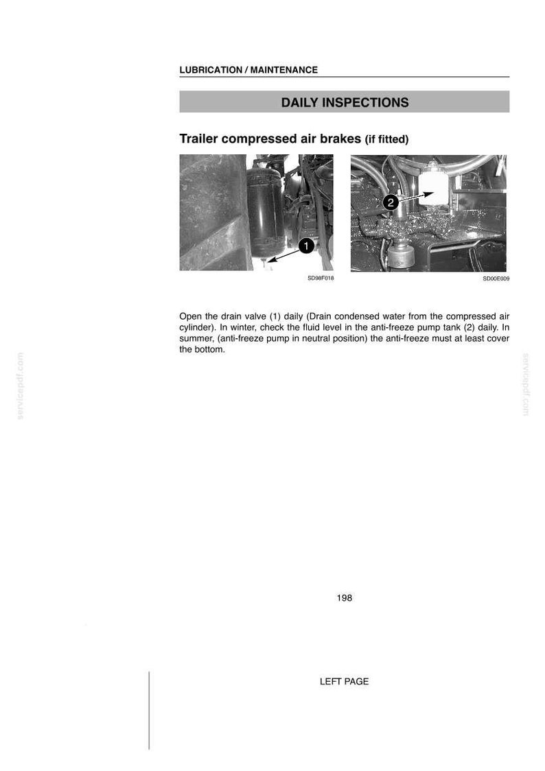 May include: A technical manual page titled LUBRICATION / MAINTENANCE and DAILY INSPECTIONS. It features two black and white photographs of trailer compressed air brakes, labeled 1 and 2, with instructions to drain the valve and check fluid levels.