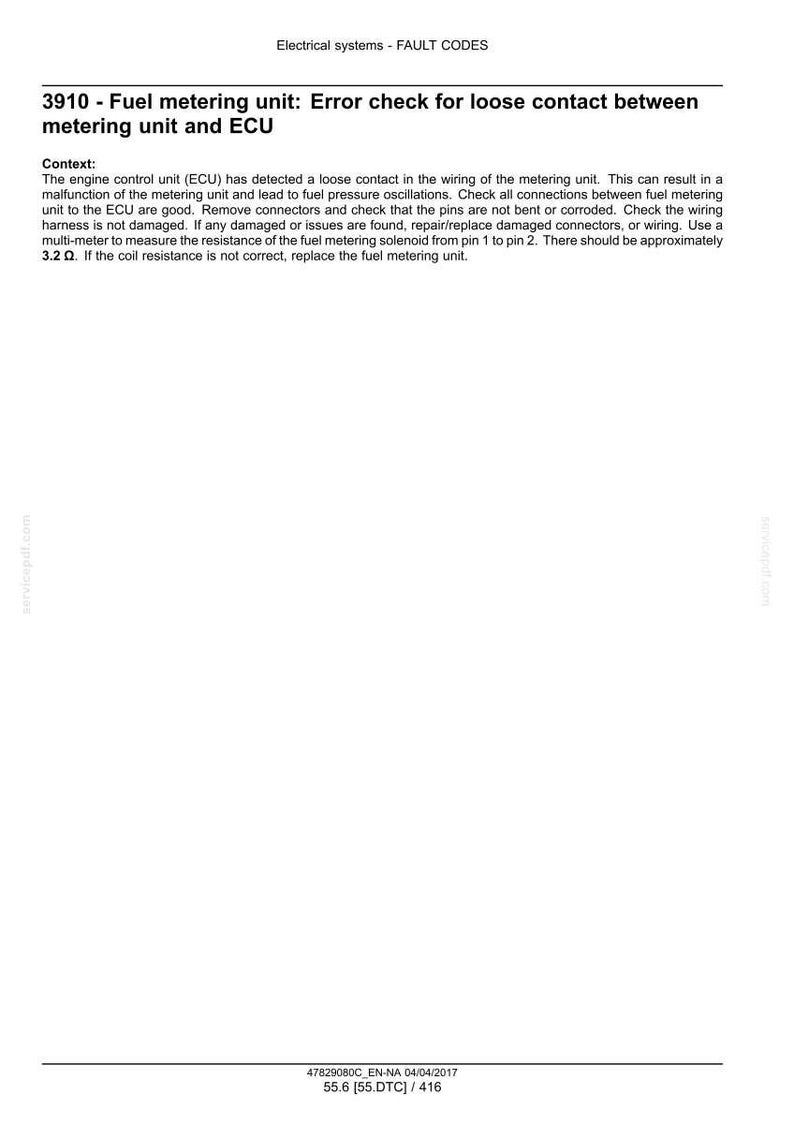 May include: A document titled "Electrical systems - FAULT CODES" with text describing error checks for a fuel metering unit. The text includes instructions for checking connections and measuring resistance.