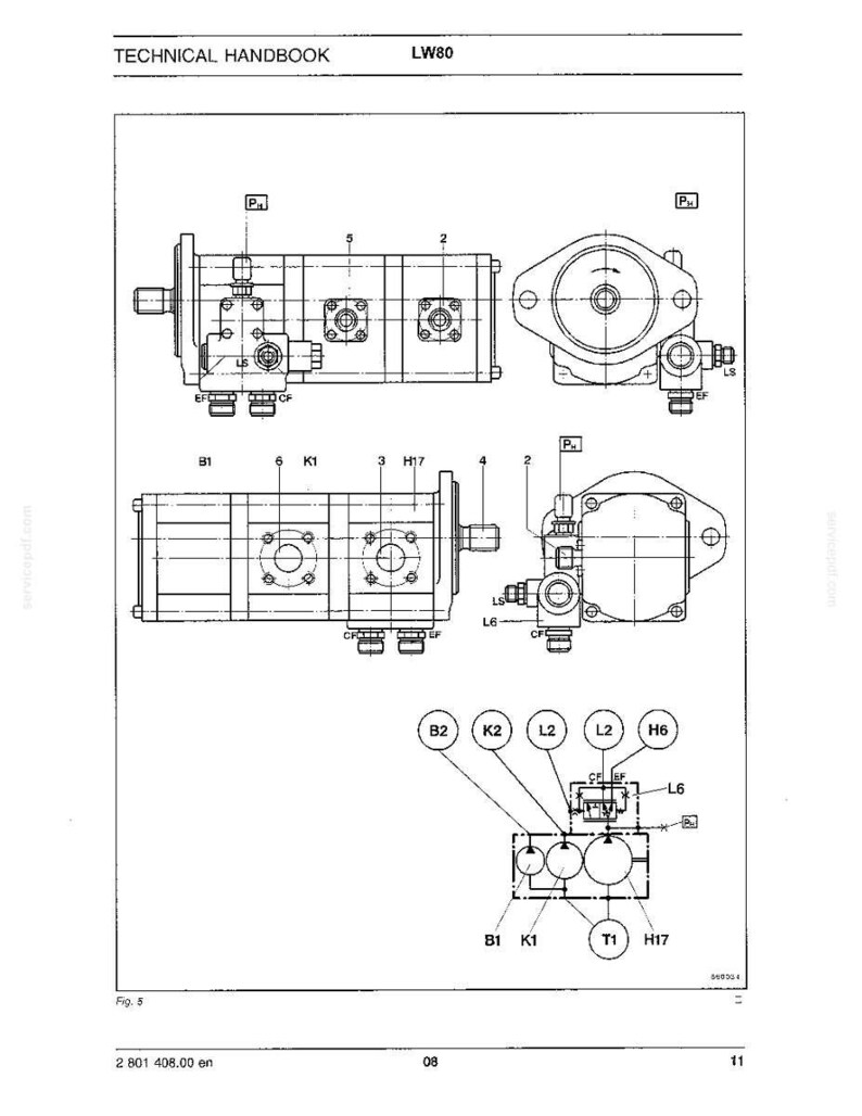 May include: Technical handbook page with mechanical diagrams of an LW80 component. The diagrams show various views and details of the component, including labels and measurements. The text "TECHNICAL HANDBOOK LW80" is at the top.
