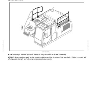 May include: Diagram of a machine with guardrails installed on the upperframe. The guardrails are designed to protect the operator. The height of the guardrails is 3120 mm (122.83 in).