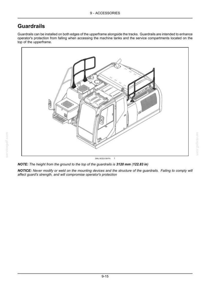 May include: Diagram of a machine with guardrails installed on the upperframe. The guardrails are designed to protect the operator. The height of the guardrails is 3120 mm (122.83 in).